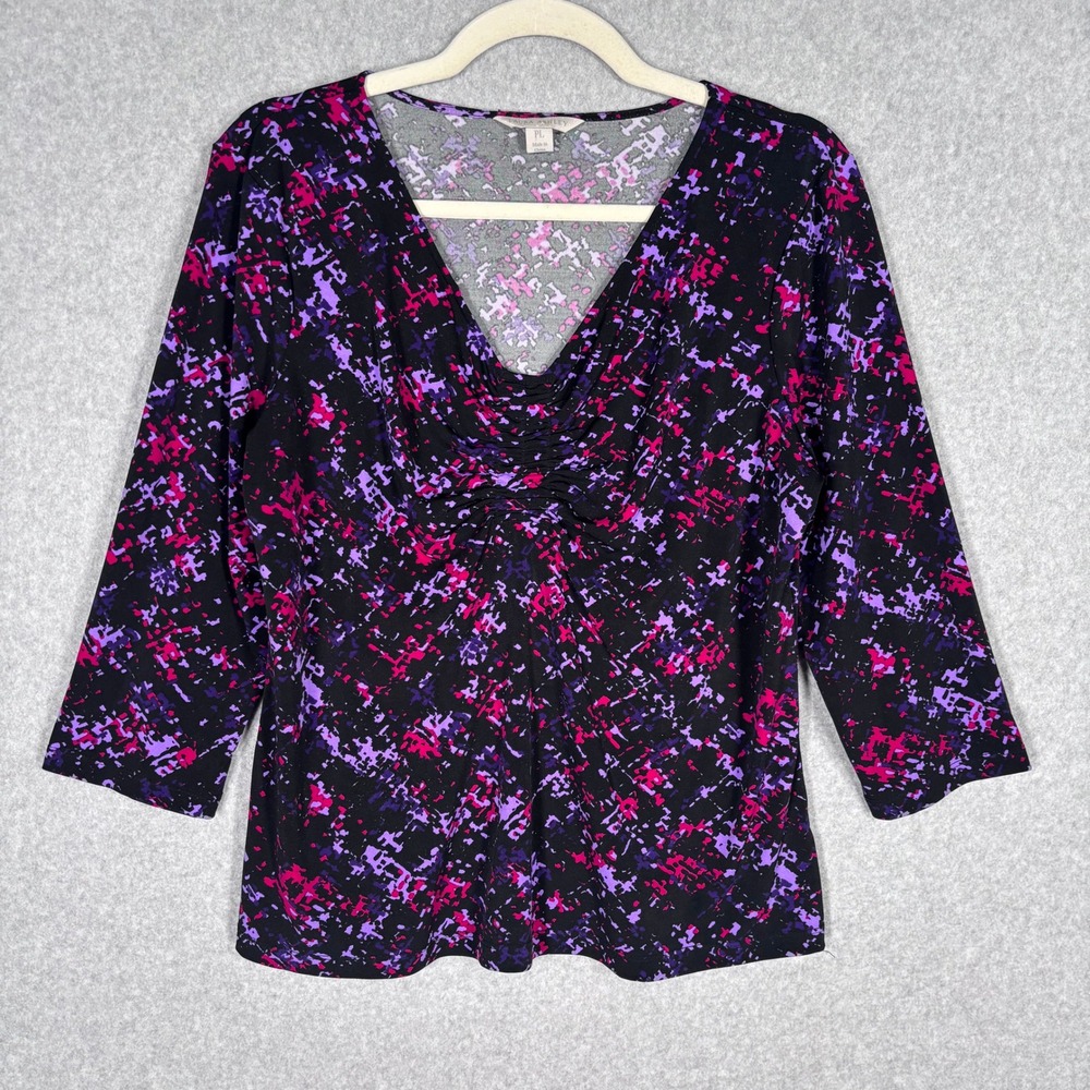 Y2K Laura Ashley Babydoll Top PL Purple Pink Abstract Slinky Liquid Knit Phoebe